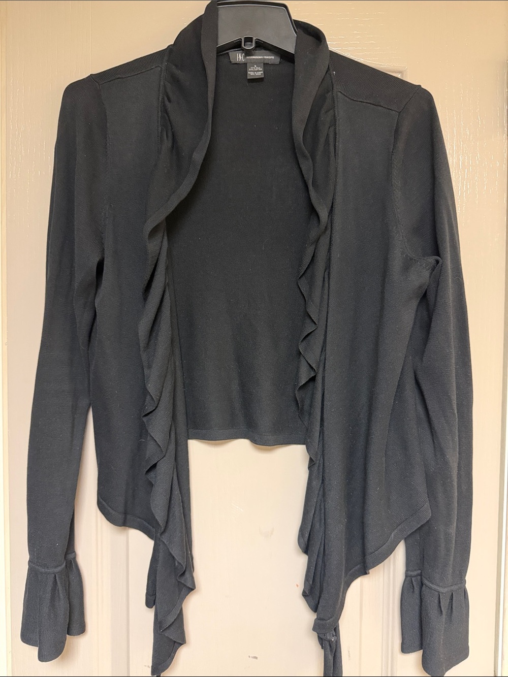 INC International Concepts Black Ruffle-Trim Open Front Cardigan